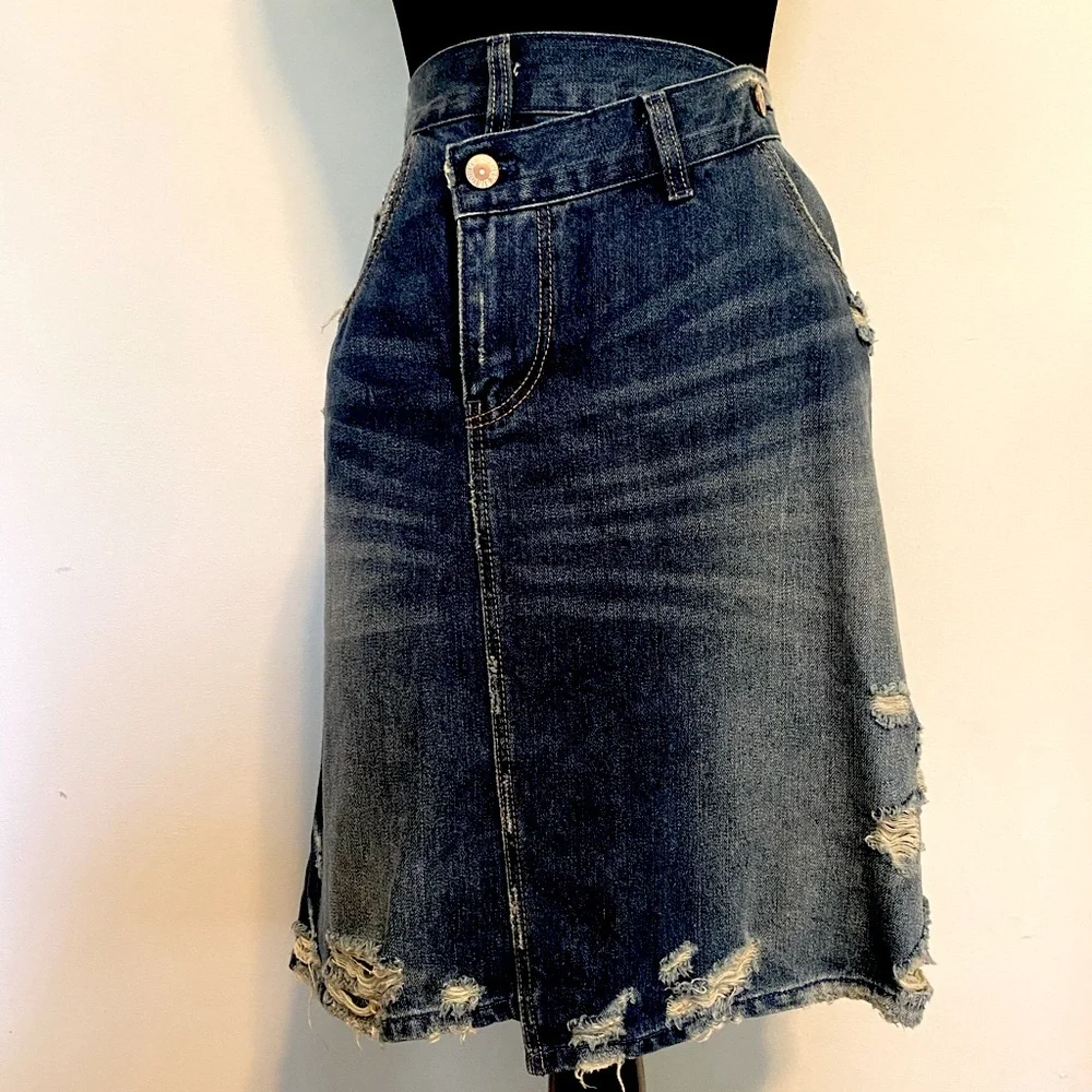Zara Distressed Dark Washed Asymmetrical Jean Skirt Size L
